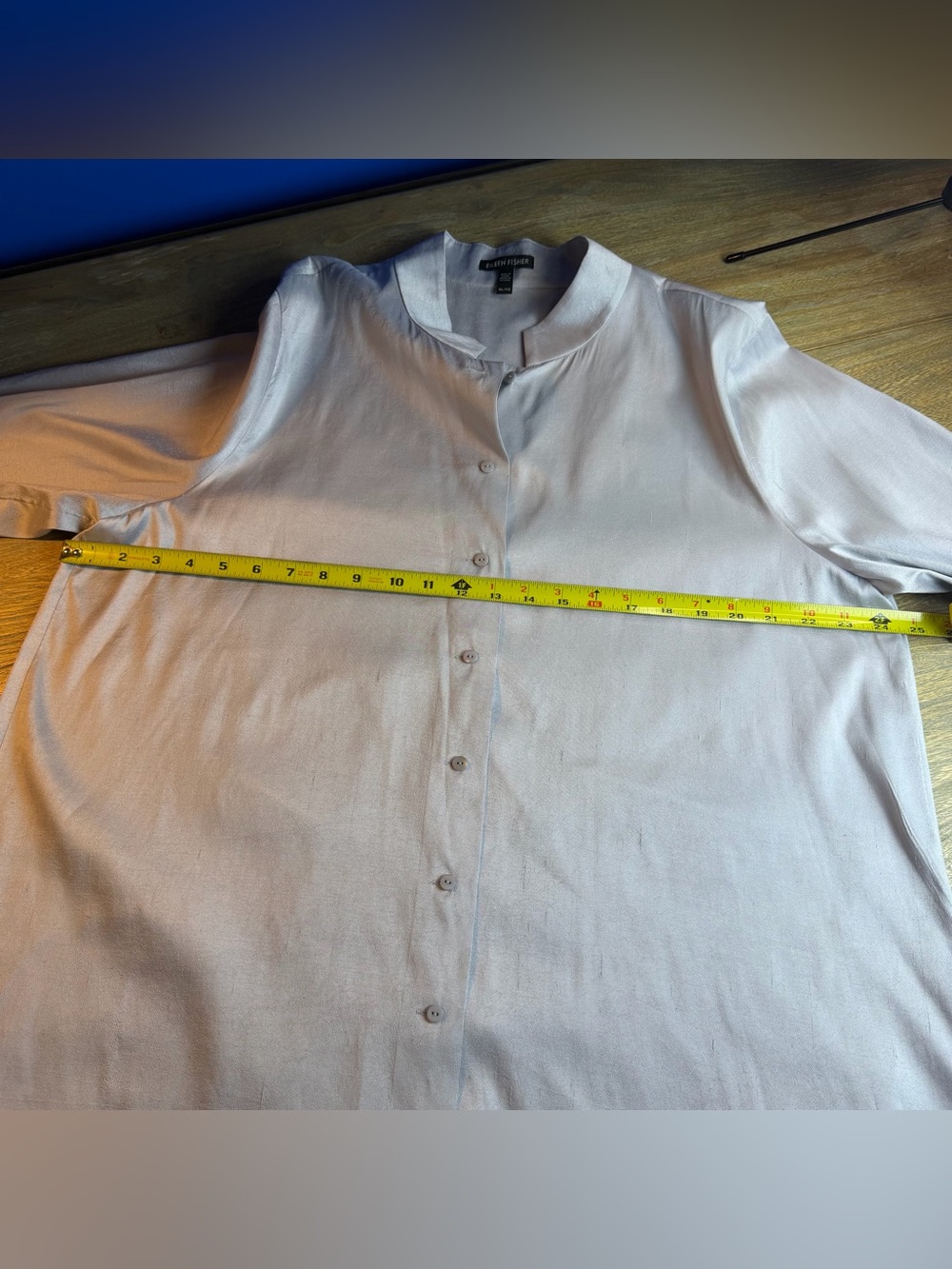 Eileen Fisher Silk Georgette Crepe Mandarin Collar Long Shirt- Light Gray - Picture 14 of 14